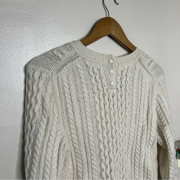 J. Crew M Ivory Cable Knit Sweater Crew Cozy Button Neck Pockets Fall Classic - Picture 8 of 10